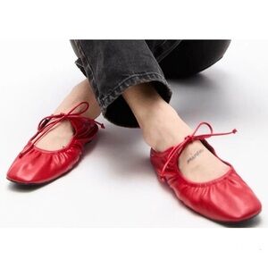PULL&BEAR Red Ballet Flats with Gathered Tie Detail